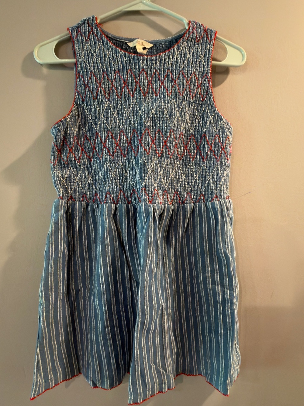 Matilda Jane Blue Striped Smocked Cotton Dress with Red Trim